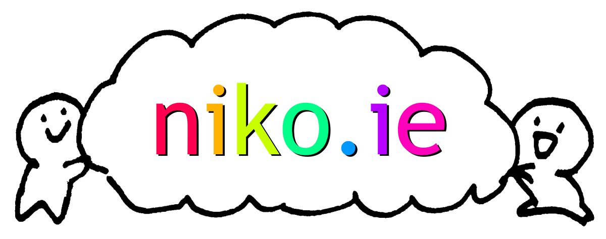 Banner depicting two little guys excitedly holding a cloud that says 'niko.ie'